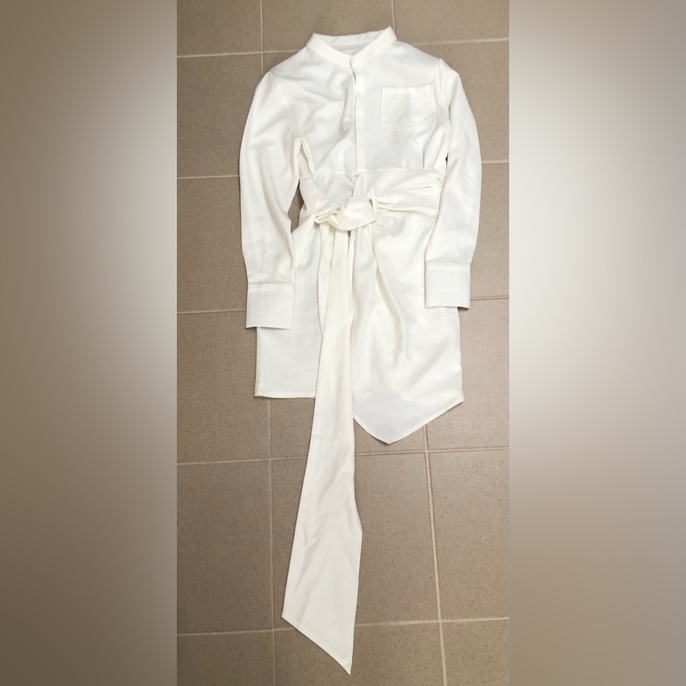 White mandarin collar belt shirt dress